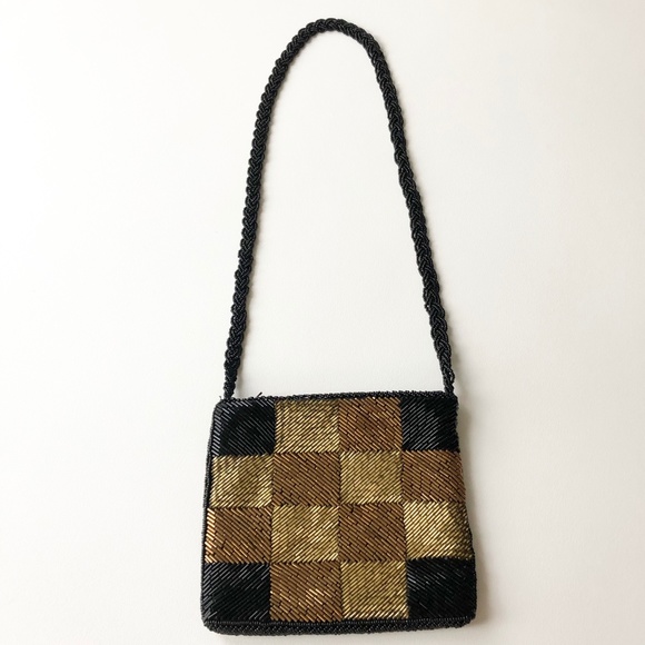 VTG Hand Beaded Shoulder Bag Checkered Gold Black - Picture 4 of 11